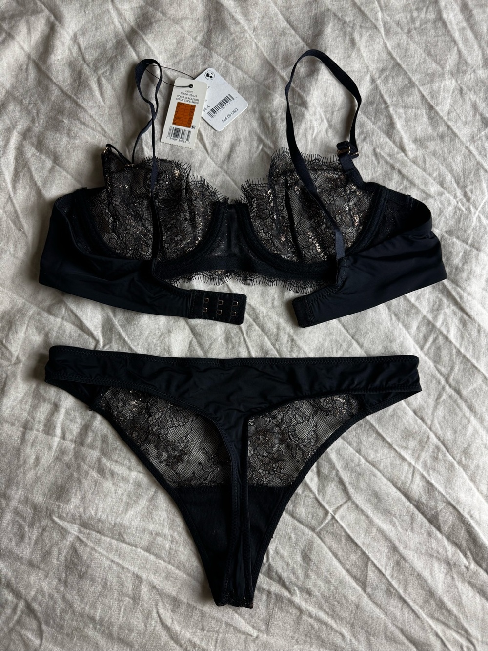 Skarlett Blue Black and Rose Gold Lace Underwire Bra and Bikini Set